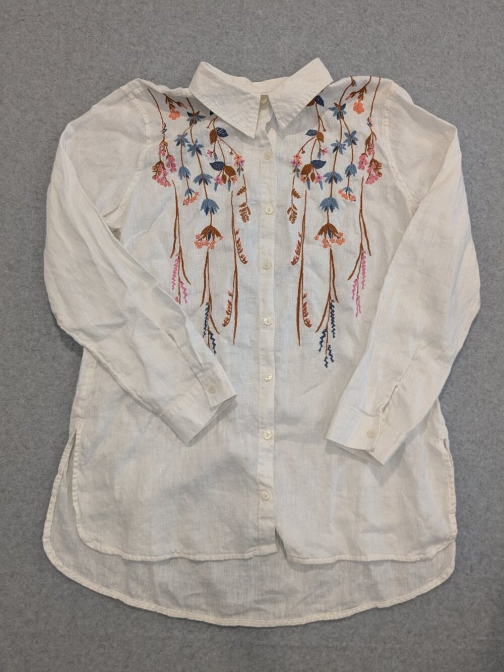 Spartina 449 Embroidered Floral Linen Tunic Top Womens L White Ivory Button Boho